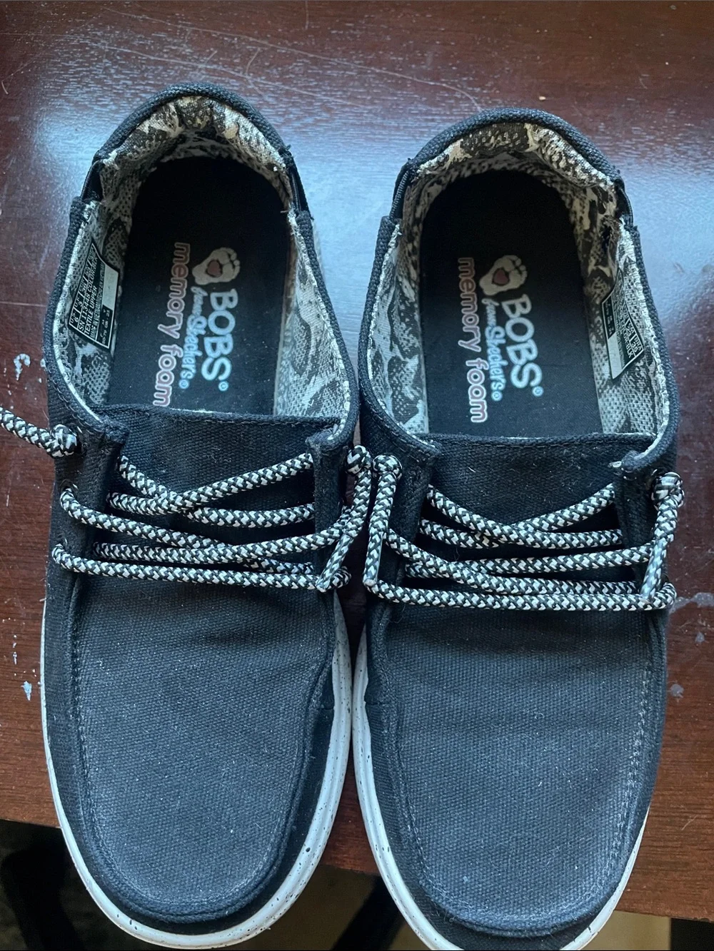 Skechers BOBS Black Canvas Slip-On Loafers with Patterned Lining